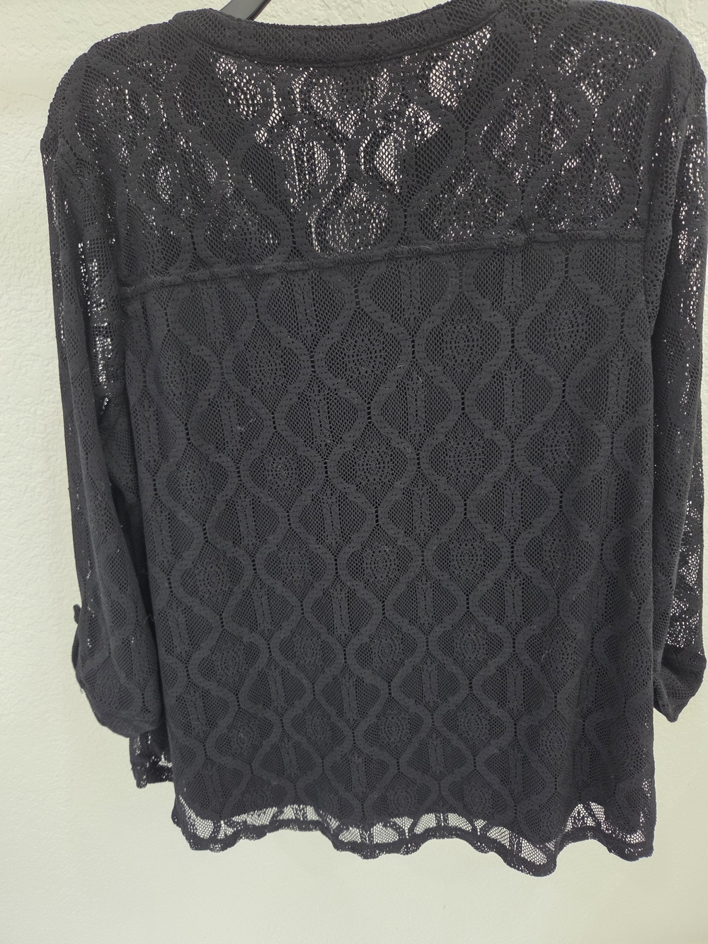 Women’s XL Black Lace Blouse Sheer Crochet Boho Pintuck 3/4 Sleeve Tunic Top - Picture 4 of 5